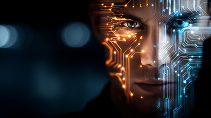 Half human face half circuit board visualization, artificial intelligence integration concept, cyborg transformation imagery, human-AI merger representation, with copy space