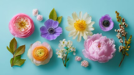 Flat Lay of Colorful Spring Flowers and Green Leaves on Light Blue Background, Botanical Floral Arrangement for Nature-Themed Design