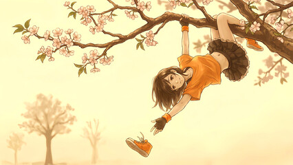 Whimsical anime girl playfully hangs upside down from a blooming cherry blossom tree branch reaching for a falling orange sneaker.