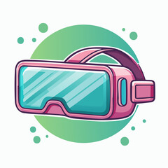 Illustration of pink VR headset with teal lenses and a green gradient circle background.