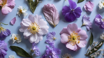 Flat Lay of Colorful Spring Flowers and Green Leaves on Light Blue Background, Botanical Floral Arrangement for Nature-Themed Design