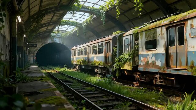 Abandoned train station with overgrown vegetation and rusting train carriages on neglected railway tracks inside a decaying industrial building with a large arched tunnel entrance.