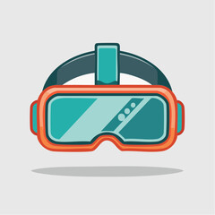 Cartoon illustration of a virtual reality headset with orange frame and teal lenses and straps.