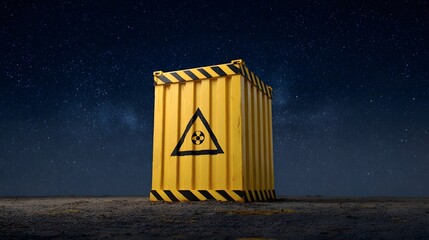 A yellow industrial container marked with a radiation hazard symbol stands under a starry night sky