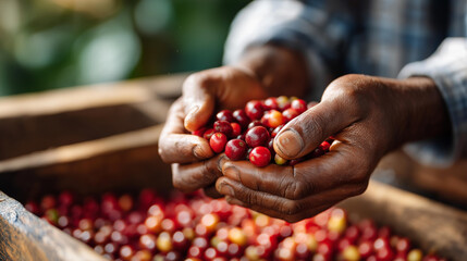 Close-up of hands sorting coffee cherries, quality selection process, separating ripe from unripe beans, harvest processing stage, agricultural craftsmanship, with copy space