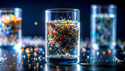 Colorful beads floating in clear water inside glass, with vibrant pellets and fibers creating playful, artistic scene on dark reflective surface, evoking curiosity and wonder
