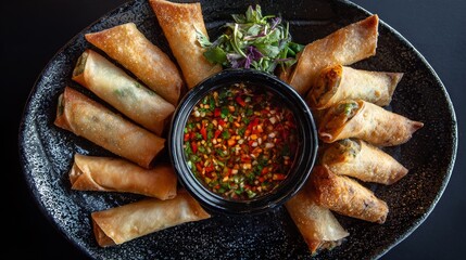 Appetizing Golden-Brown Spring Rolls Arranged Around Bowl of Spicy Dipping Sauce with Herbs and Garnishes on Decorative Platter