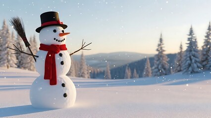 A cheerful snowman wearing a top hat and red scarf stands in a serene, snow-covered winter landscape with falling snowflakes and evergreen trees.