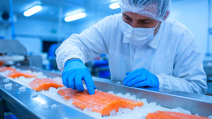 A dedicated quality control technician carefully inspects fresh, vibrant salmon fillets preserved on a bed of ice moving along a modern food processing factory conveyor belt.