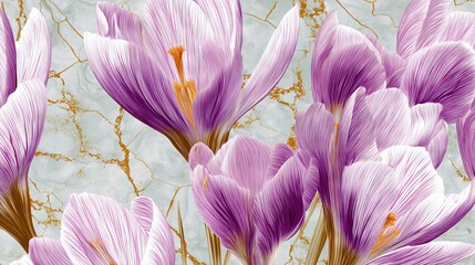 Digital Crocus Flowers with Purple Petals and Golden Accents on Abstract Pastel Background