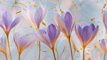 Digital Crocus Flowers with Purple Petals and Golden Accents on Abstract Pastel Background