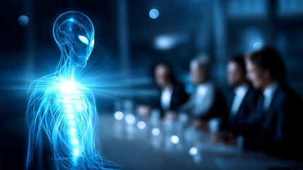 Futuristic meeting room with holographic alien figure, diplomatic first contact, interspecies communication attempt, technological translation interface, peaceful encounter, with copy space