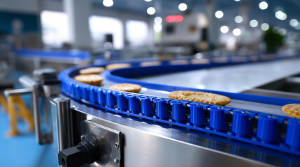 Industrial food processing assembly line, automated production machinery, manufacturing facility interior, commercial food packaging system, quality control environment, with copy space