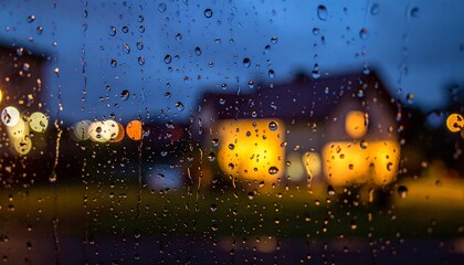 Rainy Night Through Window with Cozy House Lights