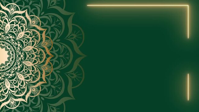 Elegant Green Mandala Background with Golden Neon Frame.