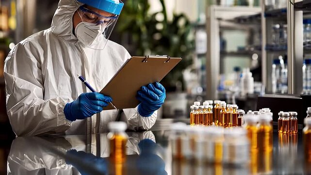 Scientist Wearing Full Protective Suit and Face Shield Writes on Clipboard Surrounded by Rows of Amber Liquid Vials in a Brightly Lit Laboratory with Shelves of Equipment in Background