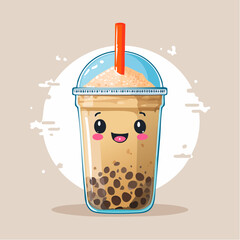 Cartoon illustration of a cute boba tea with a smiling face and tapioca pearls.