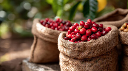 Coffee harvest collection bags on plantation ground, burlap sacks filled with cherries, agricultural gathering equipment, farm yield storage, tropical setting, with copy space