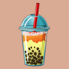 Illustration of a layered bubble tea drink with tapioca pearls and a red straw.