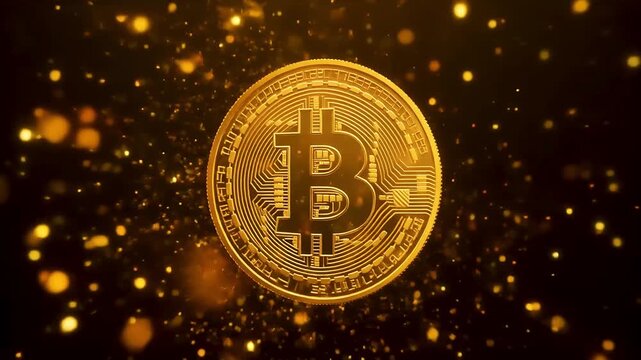 Golden bitcoin coin with sparkling particles animation
