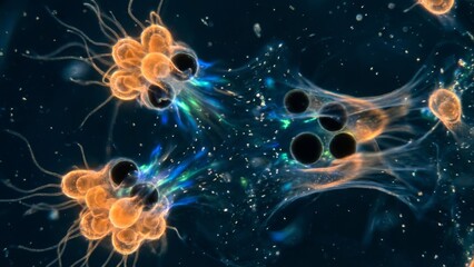 Naklejka premium Microscopic Organisms in a Fluid Environment, Illustrating Complex Biological Structures and Interactions