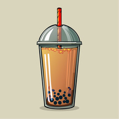 Illustration of a bubble tea drink in a clear plastic cup with a dome lid and a red straw.
