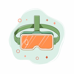 Illustration of a virtual reality headset with green straps and orange lenses on a white background.