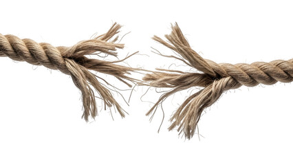 Frayed rope about to break, symbolizing tension, risk, failure, and vulnerability in business and life. Isolated on white or transparent background. PNG format.