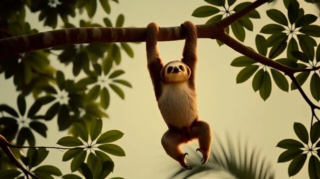 sloth hanging upside down from a thick tree branch high in the jungle canopy. The sloth reaches slowly for a leaf, misses by a few centimeters, and gradually slides down the branch inch by inch. video