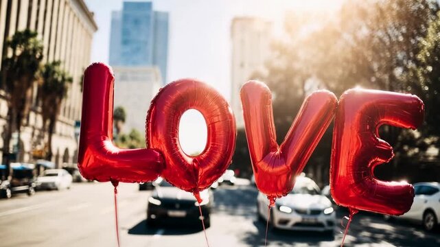 Red love balloons float above sunlit city street creating playful romantic atmosphere for valentines celebration and urban wedding decoration concepts