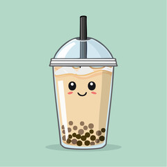 Cute cartoon boba tea with a smiling face and tapioca pearls in a clear plastic cup with a lid and straw.