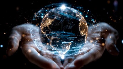 Hands hold glowing digital planet earth surrounded by data particles symbolizing global technology connection sustainability and responsibility - Powered by Adobe
