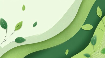 Abstract green leaf illustration with flowing wave shapes and textured lines on soft background symbolizing nature, growth, and tranquility