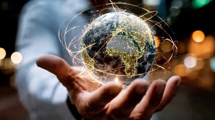 Businessman presents small digital earth sphere with glowing connections in palm representing global network innovation and futuristic communication - Powered by Adobe