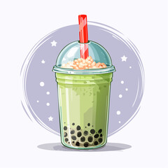 Illustration of a green bubble tea with tapioca pearls and a red straw.