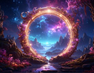 Magical Portal Opens to Cosmic Dreamscape with Pink Trees
