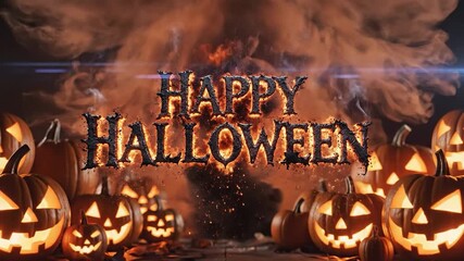 Happy Halloween Celebration with Glowing Jack O Lanterns and Fiery Background.