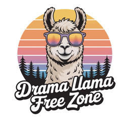 Drama llama free zone cool alpaca character with landscape reflected in sunglasses