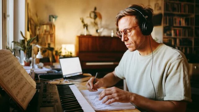 Composer with headphones plays keyboard beside laptop and sheet music in cozy studio capturing creative home music production and focused artistic workflow