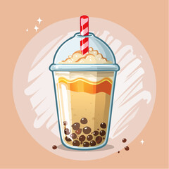 Illustration of a bubble tea drink with tapioca pearls, straw, and creamy topping in a plastic cup.