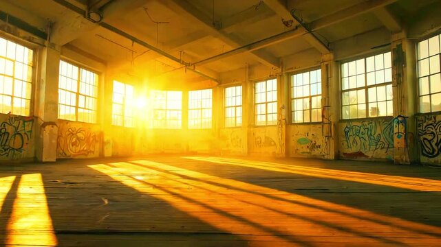 Abandoned industrial building with sunlight streaming through large windows, illuminating graffiti-covered walls and wooden floor, creating a warm and serene atmosphere.