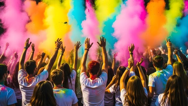 Vibrant crowd celebrates with colorful smoke bombs at music festival