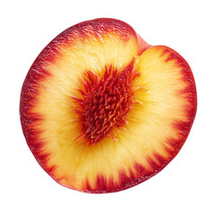 Vibrant cross-section of a ripe peach revealing its juicy yellow flesh and reddish core