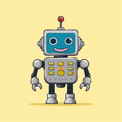 Cartoon robot with a smiling face and a red antenna on a yellow background.