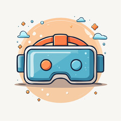 Cartoon illustration of a virtual reality headset with a blue and white design, set against a soft orange background.