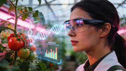 Agronomist using smart glasses for digital crop analysis and AI precision farming in greenhouse