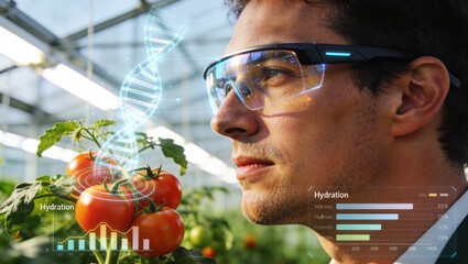 Agronomist using smart glasses for digital crop analysis and AI precision farming in greenhouse