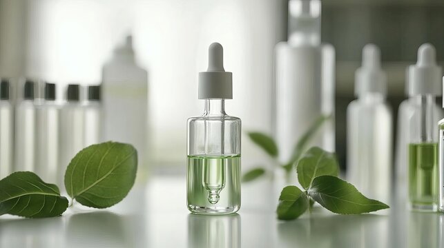 Cosmetic laboratory research skincare serum with leaves natural organic concept