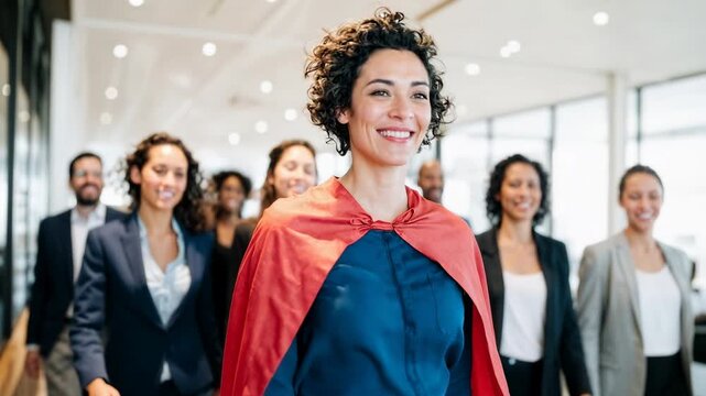 Smiling female executive in red cape leads diverse team through modern office corridor representing empowerment leadership equality and inspiring corporate culture