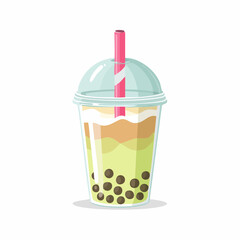Illustration of a bubble tea drink with tapioca pearls and a pink straw.
